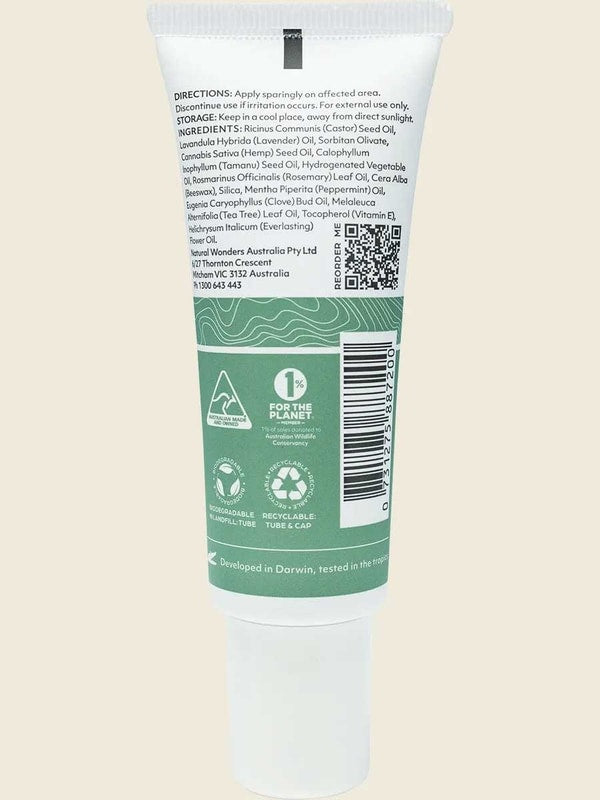 A white and green tube of Good Riddance Rescue Balm 30ml is shown from the back, displaying directions, ingredients, recycling symbols, a company address, a QR code, and notes that it is recyclable and developed in Darwin, Australia.