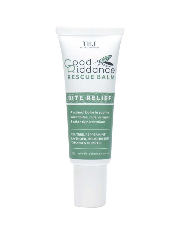 Good Riddance Rescue Balm 30ml is a white tube that soothes insect bites and skin irritations with natural ingredients like tea tree, peppermint, lavender, helichrysum, tamanu, and hemp oil.