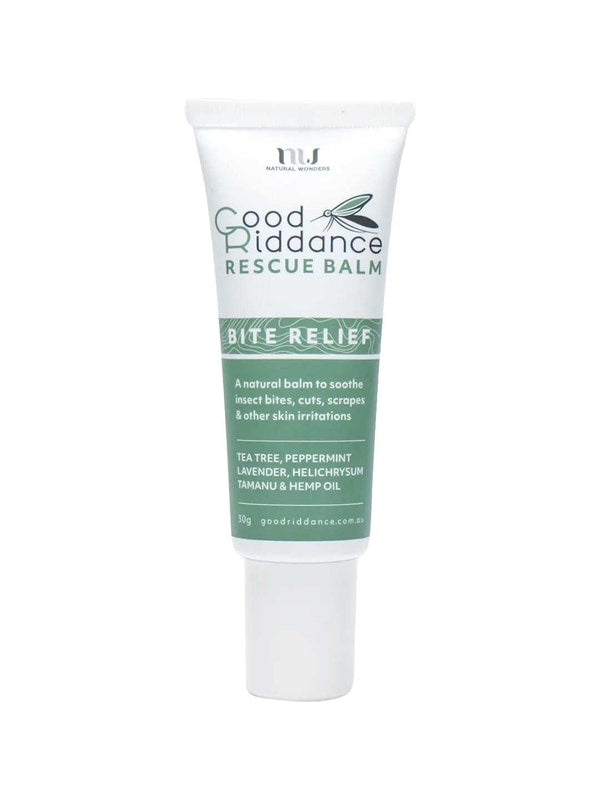 Good Riddance Rescue Balm 30ml is a white tube that soothes insect bites and skin irritations with natural ingredients like tea tree, peppermint, lavender, helichrysum, tamanu, and hemp oil.