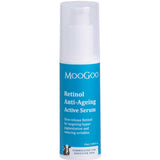 MooGoo Retinol Anti-Ageing Active Serum 25ml, with a white pump and blue label, is formulated for sensitive skin to target hyperpigmentation and reduce wrinkles, promoting a smoother, youthful complexion.