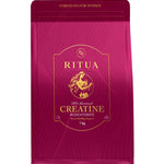 A pink 1 kg packet labeled "Ritua Creatine Monohydrate Strength For Women" features gold text, a feminine logo, and highlights creatine monohydrate’s benefits for muscle recovery.