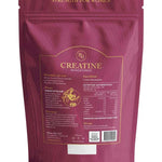 A pink resealable pouch labeled “Ritua Creatine Monohydrate Strength For Women” with gold accents highlights muscle recovery benefits, directions, nutritional info, and a barcode on the lower back.