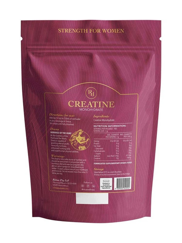 A pink resealable pouch labeled “Ritua Creatine Monohydrate Strength For Women” with gold accents highlights muscle recovery benefits, directions, nutritional info, and a barcode on the lower back.