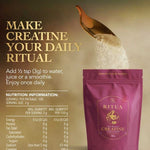 A brown scoop pours white creatine monohydrate powder into a purple Ritua Creatine Monohydrate Strength For Women pouch. Text reads, “Make creatine your daily ritual for muscle recovery.” Nutrition facts and directions appear on the left.