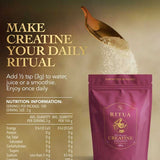 A brown scoop pours white creatine monohydrate powder into a purple Ritua Creatine Monohydrate Strength For Women pouch. Text reads, “Make creatine your daily ritual for muscle recovery.” Nutrition facts and directions appear on the left.