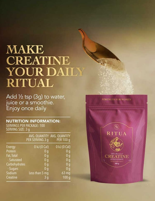 A brown scoop pours white creatine monohydrate powder into a purple Ritua Creatine Monohydrate Strength For Women pouch. Text reads, “Make creatine your daily ritual for muscle recovery.” Nutrition facts and directions appear on the left.