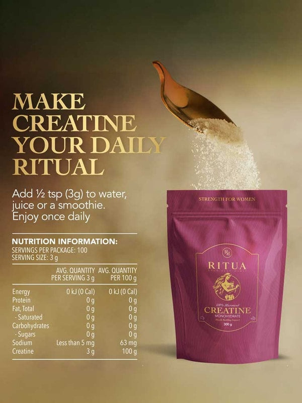 A brown scoop pours white creatine monohydrate powder into a purple Ritua Creatine Monohydrate Strength For Women pouch. Text reads, “Make creatine your daily ritual for muscle recovery.” Nutrition facts and directions appear on the left.