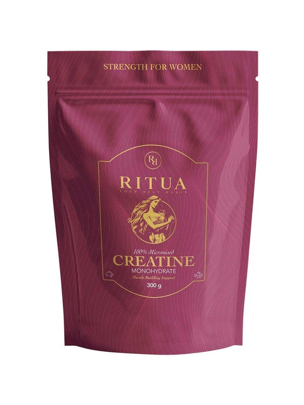 A maroon pouch labeled "Ritua Creatine Monohydrate Strength For Women" with gold text and a female athlete illustration emphasizes muscle recovery and strength, and contains 300 grams.