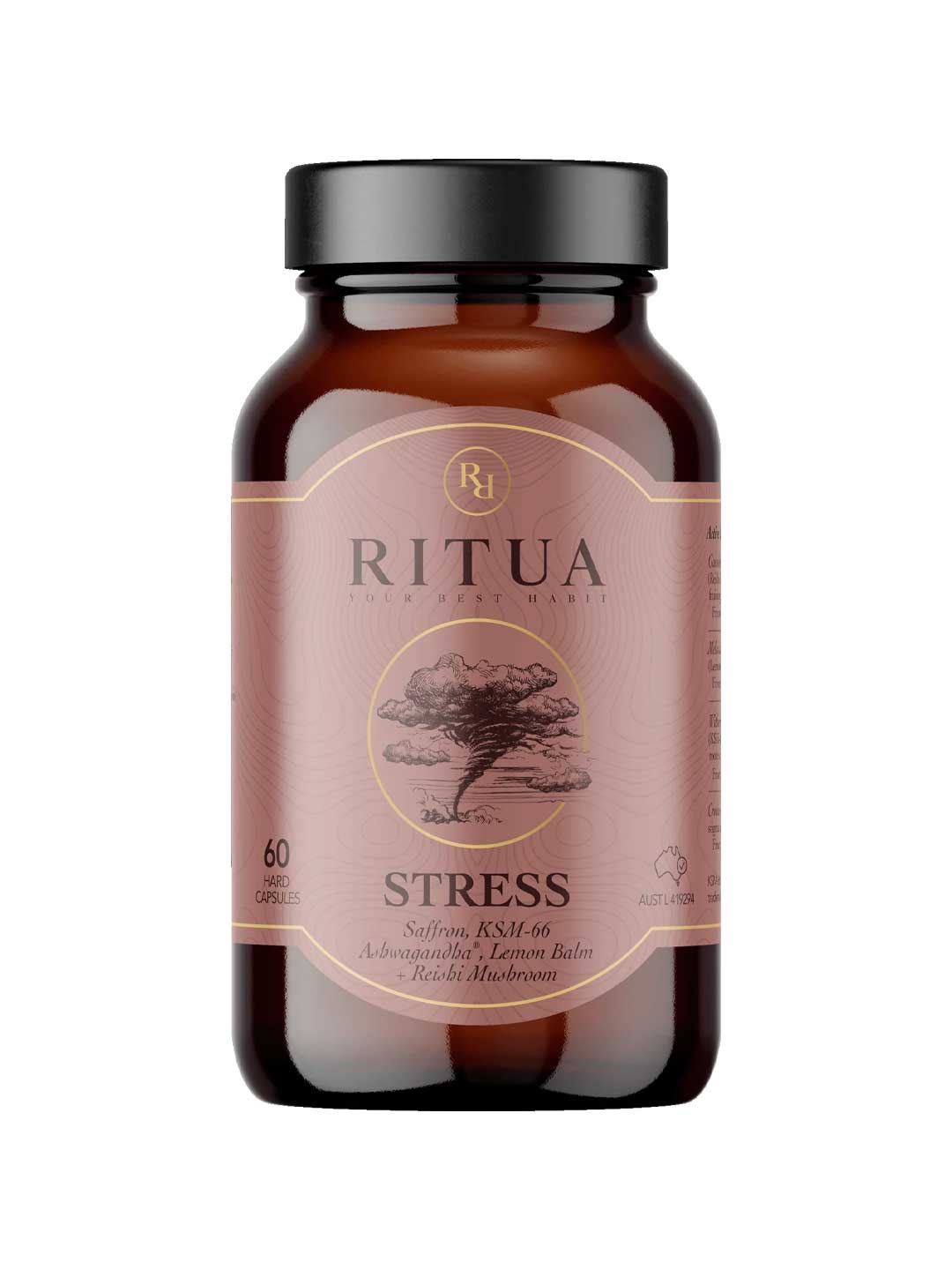 A brown bottle labeled Ritua Sleep Stress Saffron, Ashwagandha & Lemon Balm with a tree illustration. This supplement contains ashwagandha, reishi mushroom, saffron, KSM-66, and lemon balm. Each bottle includes 60 capsules.