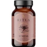 A brown bottle labeled Ritua Sleep Stress Saffron, Ashwagandha & Lemon Balm with a tree illustration. This supplement contains ashwagandha, reishi mushroom, saffron, KSM-66, and lemon balm. Each bottle includes 60 capsules.