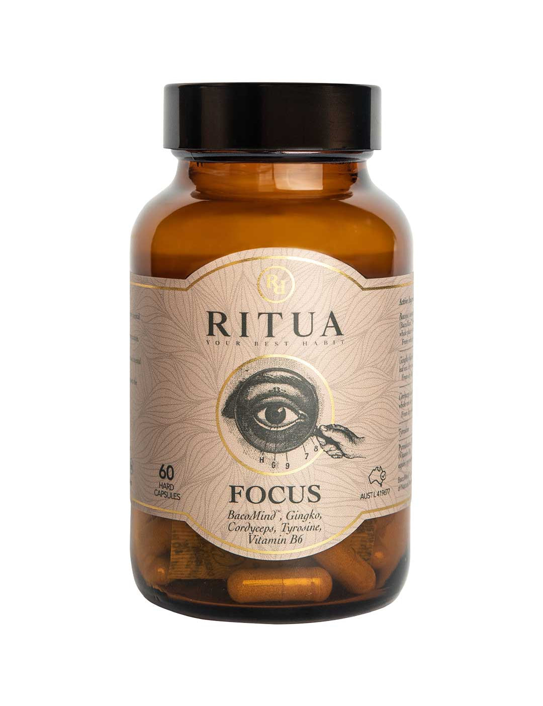 Amber bottle of Ritua Focus Ginko, Cordyceps, Tyrosine & B6 cognitive support supplement with black lid. Label shows an eye and highlights Bacopa, Ginkgo, Cordyceps, Tyrosine, and Vitamin B6 for memory. Contains 60 capsules.