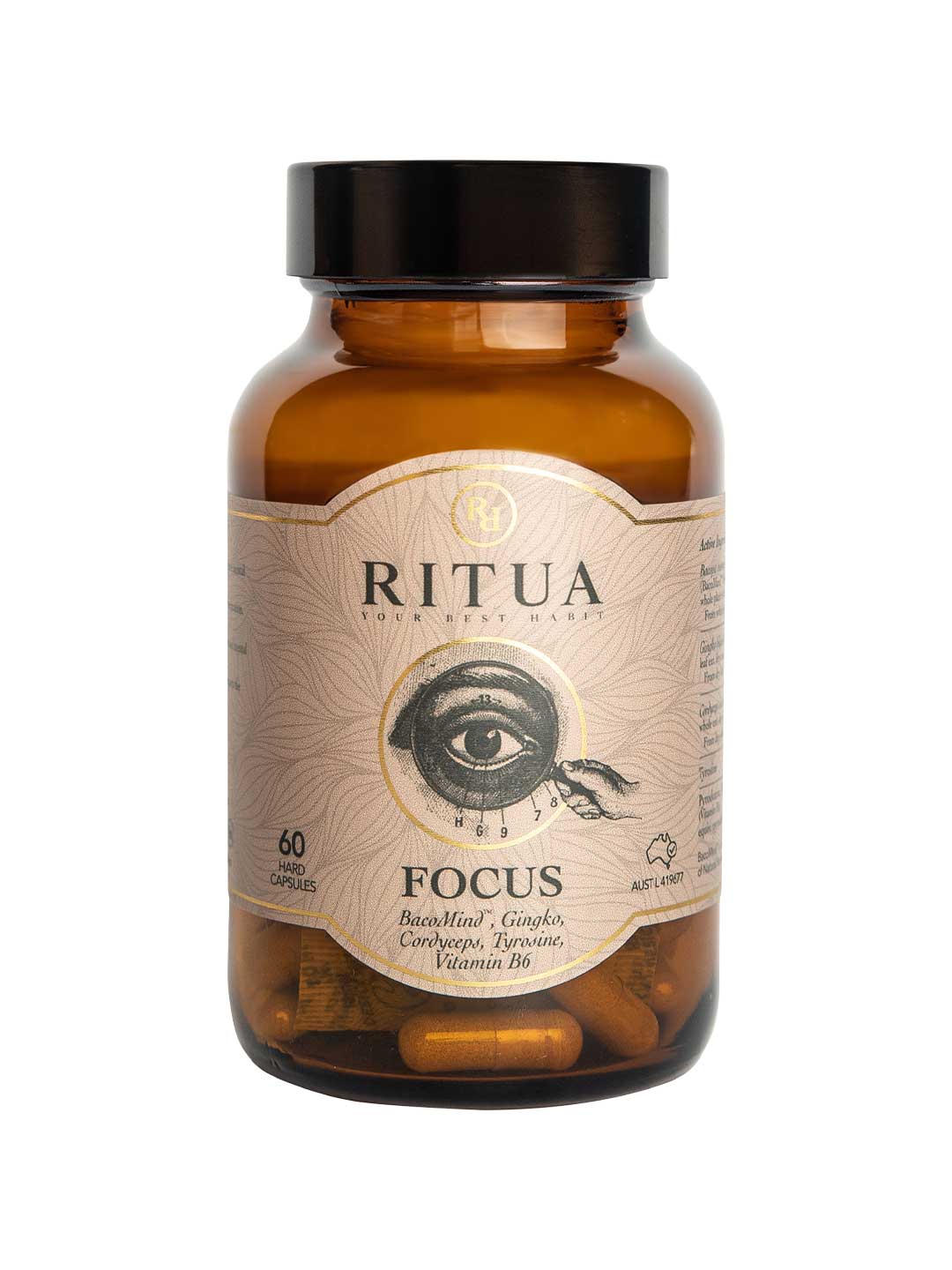 Amber bottle of Ritua Focus Ginko, Cordyceps, Tyrosine & B6 cognitive support supplement with black lid. Label shows an eye and highlights Bacopa, Ginkgo, Cordyceps, Tyrosine, and Vitamin B6 for memory. Contains 60 capsules.