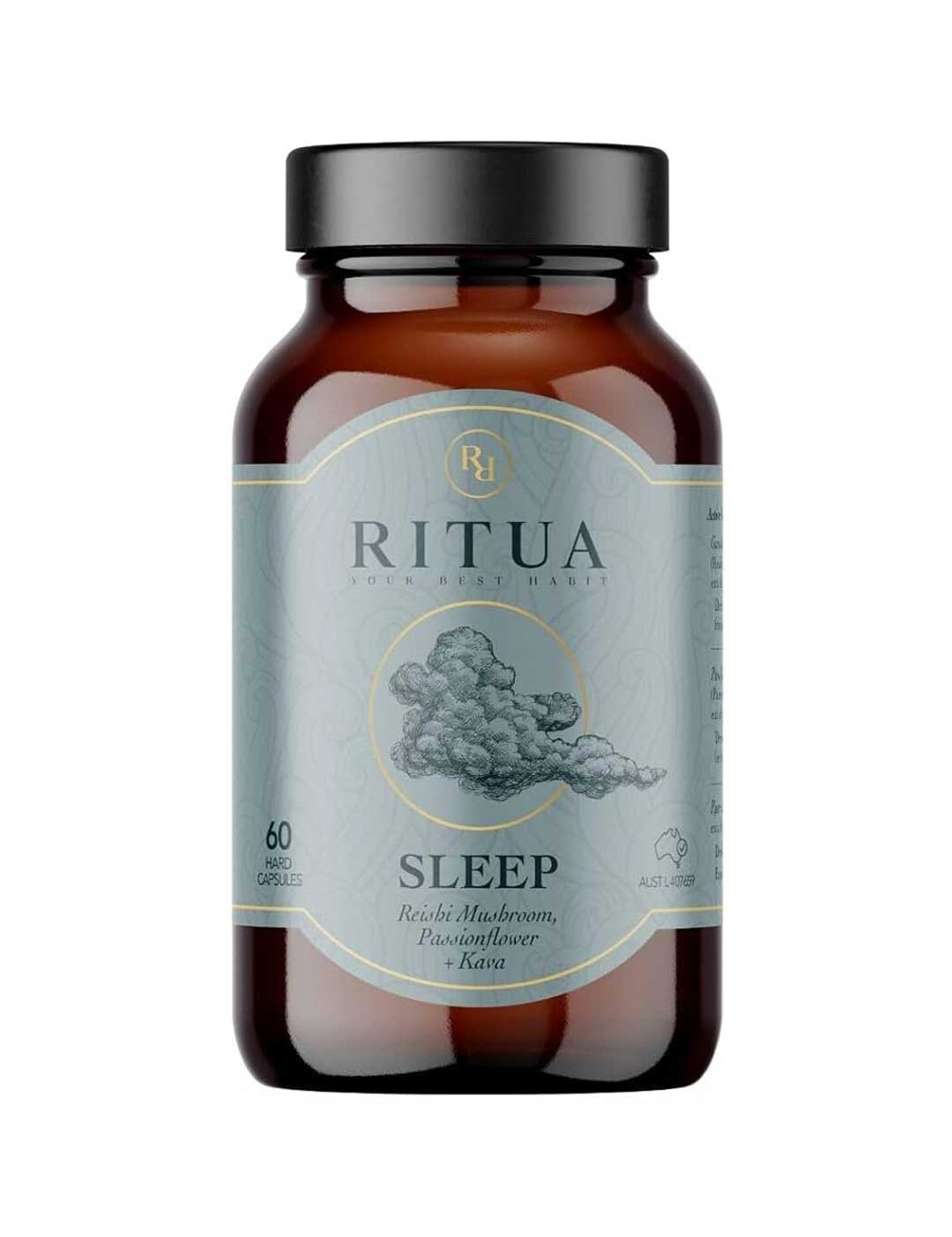 A brown bottle labeled "Ritua Sleep Reishi Mushroom, Passionflower & Kava" contains 60 herbal capsules, features a mushroom illustration, and lists natural sleep aids: Reishi Mushroom, passionflower, and kava.