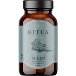 A brown bottle labeled "Ritua Sleep Reishi Mushroom, Passionflower & Kava" contains 60 herbal capsules, features a mushroom illustration, and lists natural sleep aids: Reishi Mushroom, passionflower, and kava.