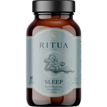 A brown bottle labeled "Ritua Sleep Reishi Mushroom, Passionflower & Kava" contains 60 herbal capsules, features a mushroom illustration, and lists natural sleep aids: Reishi Mushroom, passionflower, and kava.
