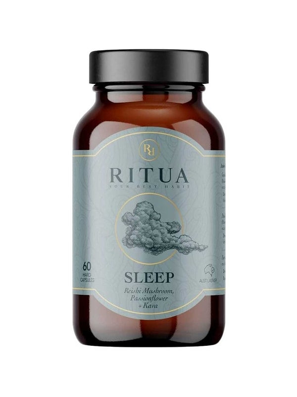 A brown bottle labeled "Ritua Sleep Reishi Mushroom, Passionflower & Kava" contains 60 herbal capsules, features a mushroom illustration, and lists natural sleep aids: Reishi Mushroom, passionflower, and kava.
