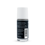 Back of a clear Noosa Basics Charcoal and Eucalyptus roll-on deodorant bottle with a white cap, showing small white directions and product information beside a barcode on its black label.