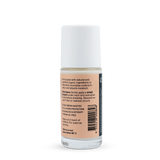 Back of a clear Noosa Basics Coconut and Vanilla roll-on deodorant bottle with a white cap, showing small black directions and product information beside a barcode on its peach label.