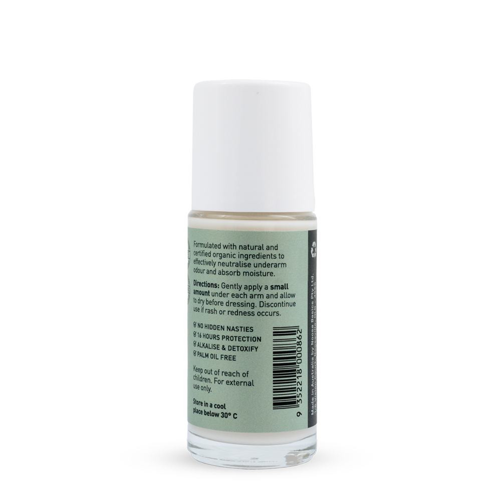 Back of a clear Noosa Basics Lemon Myrtle roll-on deodorant bottle with a white cap, showing small black directions and product information beside a barcode on its pale green label.