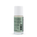 Back of a clear Noosa Basics Lemon Myrtle roll-on deodorant bottle with a white cap, showing small black directions and product information beside a barcode on its pale green label.