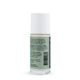 Back of a clear Noosa Basics Lemon Myrtle roll-on deodorant bottle with a white cap, showing small black directions and product information beside a barcode on its pale green label.