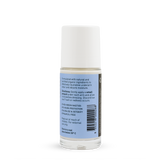 Back of a clear Noosa Basics Sweet Orange and Lavender roll-on deodorant bottle with a white cap, showing small black directions and product information beside a barcode on its pale blue label.