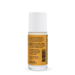 Back of a clear Noosa Basics Sandalwood roll-on deodorant bottle with a white cap, showing small black directions and product information beside a barcode on its orange label.