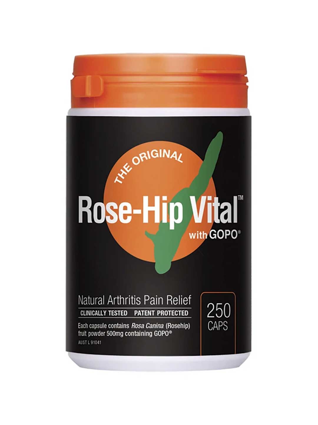 Rose-Hip Vital® with GOPO® Arthritis Pain Relief 250 Caps is a natural arthritis pain relief supplement for joint health, in an orange and black bottle containing 250 clinically tested, patent-protected rosehip capsules.
