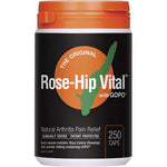 Rose-Hip Vital® with GOPO® Arthritis Pain Relief 250 Caps is a natural arthritis pain relief supplement for joint health, in an orange and black bottle containing 250 clinically tested, patent-protected rosehip capsules.