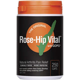 Rose-Hip Vital® with GOPO® Arthritis Pain Relief 250 Caps is a natural arthritis pain relief supplement for joint health, in an orange and black bottle containing 250 clinically tested, patent-protected rosehip capsules.