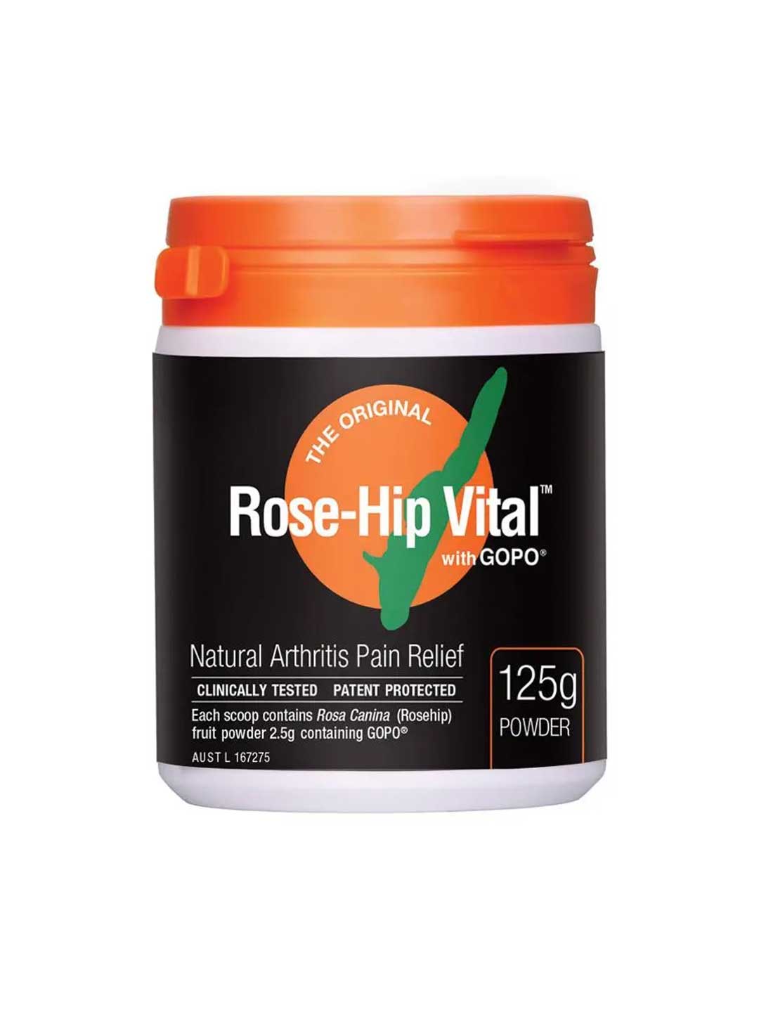 A 125g container of Rose-Hip Vital® with GOPO® Arthritis Pain Relief Original Powder, clinically tested, patent protected, and designed for joint health. The mostly black container features orange and white accents.