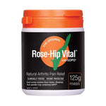 A 125g container of Rose-Hip Vital® with GOPO® Arthritis Pain Relief Original Powder, clinically tested, patent protected, and designed for joint health. The mostly black container features orange and white accents.