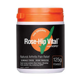 A 125g container of Rose-Hip Vital® with GOPO® Arthritis Pain Relief Original Powder, clinically tested, patent protected, and designed for joint health. The mostly black container features orange and white accents.