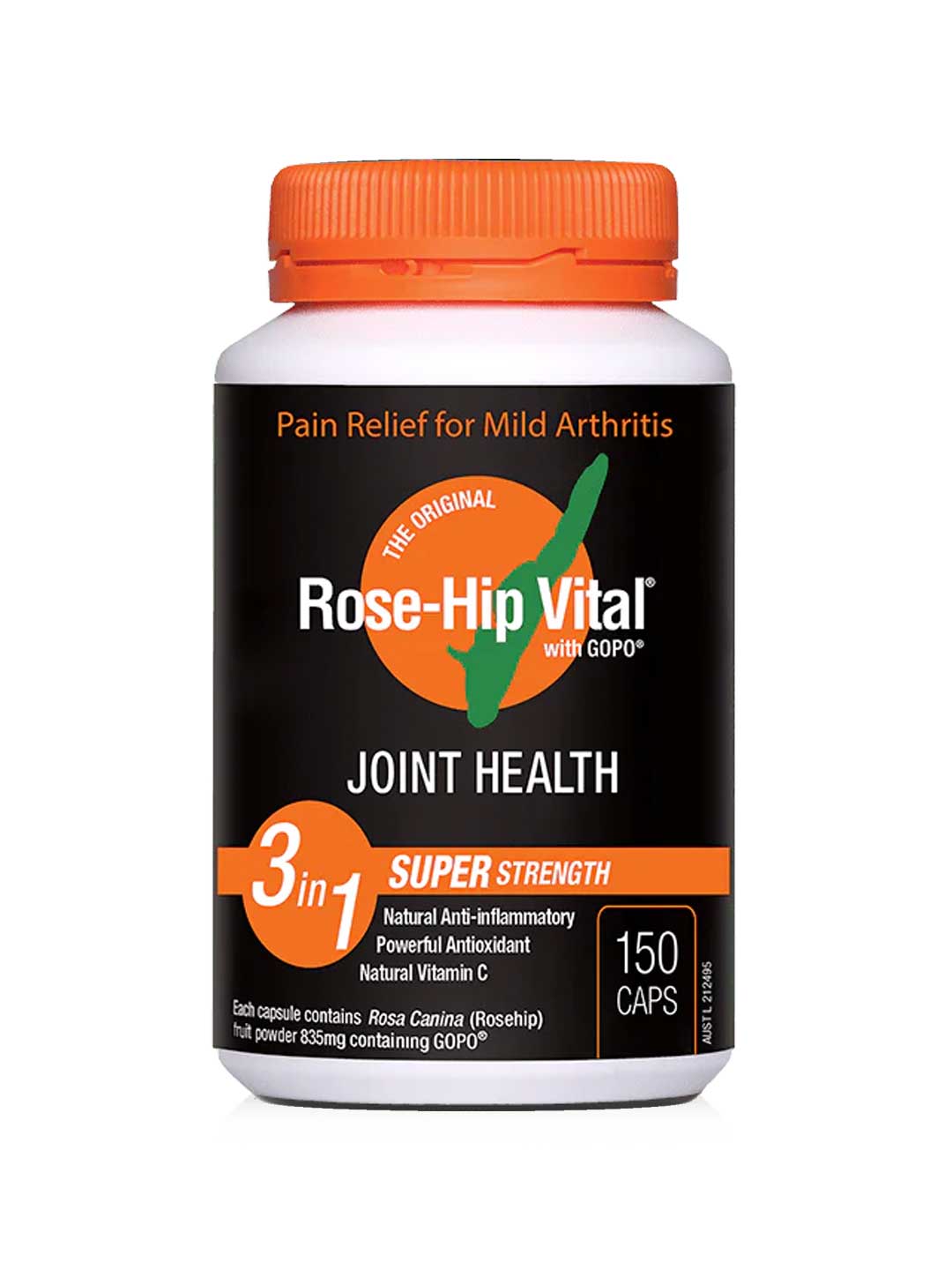 Rose-Hip Vital® with GOPO® Arthritis Pain Relief Super Strength 150 Caps offers natural anti-inflammatory support for joint health and mild arthritis pain relief.