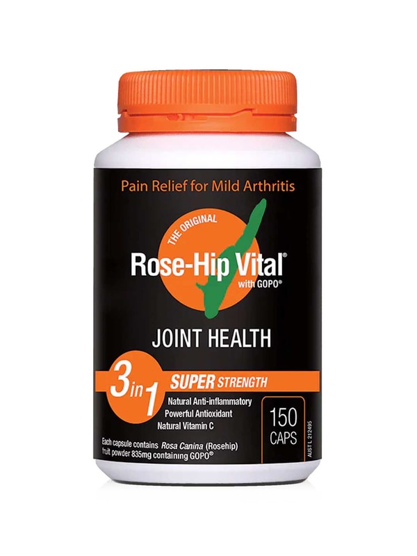 Rose-Hip Vital® with GOPO® Arthritis Pain Relief Super Strength 150 Caps offers natural anti-inflammatory support for joint health and mild arthritis pain relief.