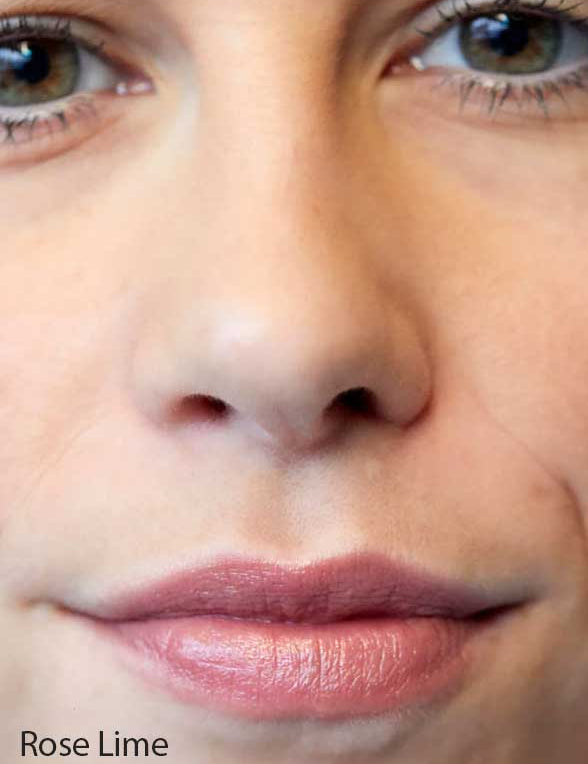 Close-up of a person's face highlighting the nose, lips in a soft pink shade from Luk Beautifood Lip Nourish Lipsticks 3g, and part of the eyes. "Rose Lime" appears in the bottom left corner.