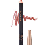 A pinkish-beige INIKA Organic Lip Crayons 6.7g with gold cap sits beside a swatch of the long-lasting liner, shade Rose Nude, written below.