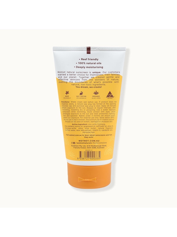 Back of Wotnot Natural Family Sunscreen SPF 30 150g tube