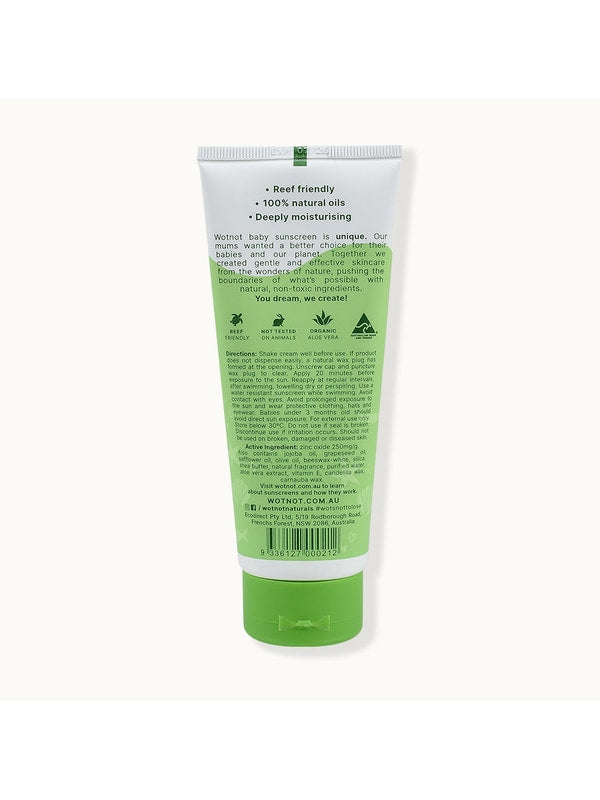 Back of Wotnot Natural Baby Sunscreen SPF 30 100g tube