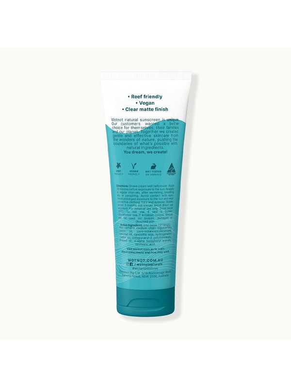Back of Wotnot Natural Sunscreen SPF 50 125g tube