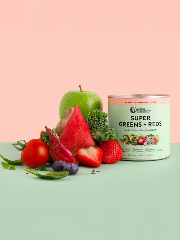 Nutra Naturals Super Greens and Reds Watermelon Strawberry 300g with fresh fruit