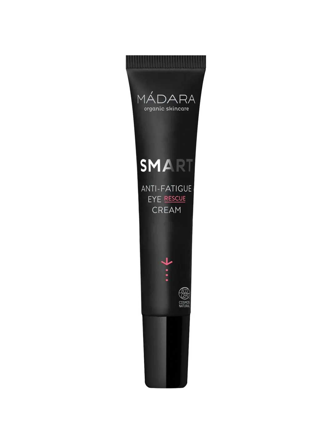 A black tube of Madara SMART Anti-Fatigue Eye Rescue Cream 15ml with white and red text stands upright against a plain white background—designed to reduce puffiness and dark circles.