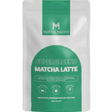 A green and white resealable pouch labeled "Matcha Maiden Supergreens Matcha Latte 150g" highlights its antioxidant-rich, vegan, gluten-free, dairy-free organic matcha latte made with a premium supergreens blend.