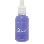 A frosted purple glass dropper bottle of Salt + Glow Dew Hydration Serum 30ml, formulated with hyaluronic acid to hydrate dry skin, stands upright against a white background.