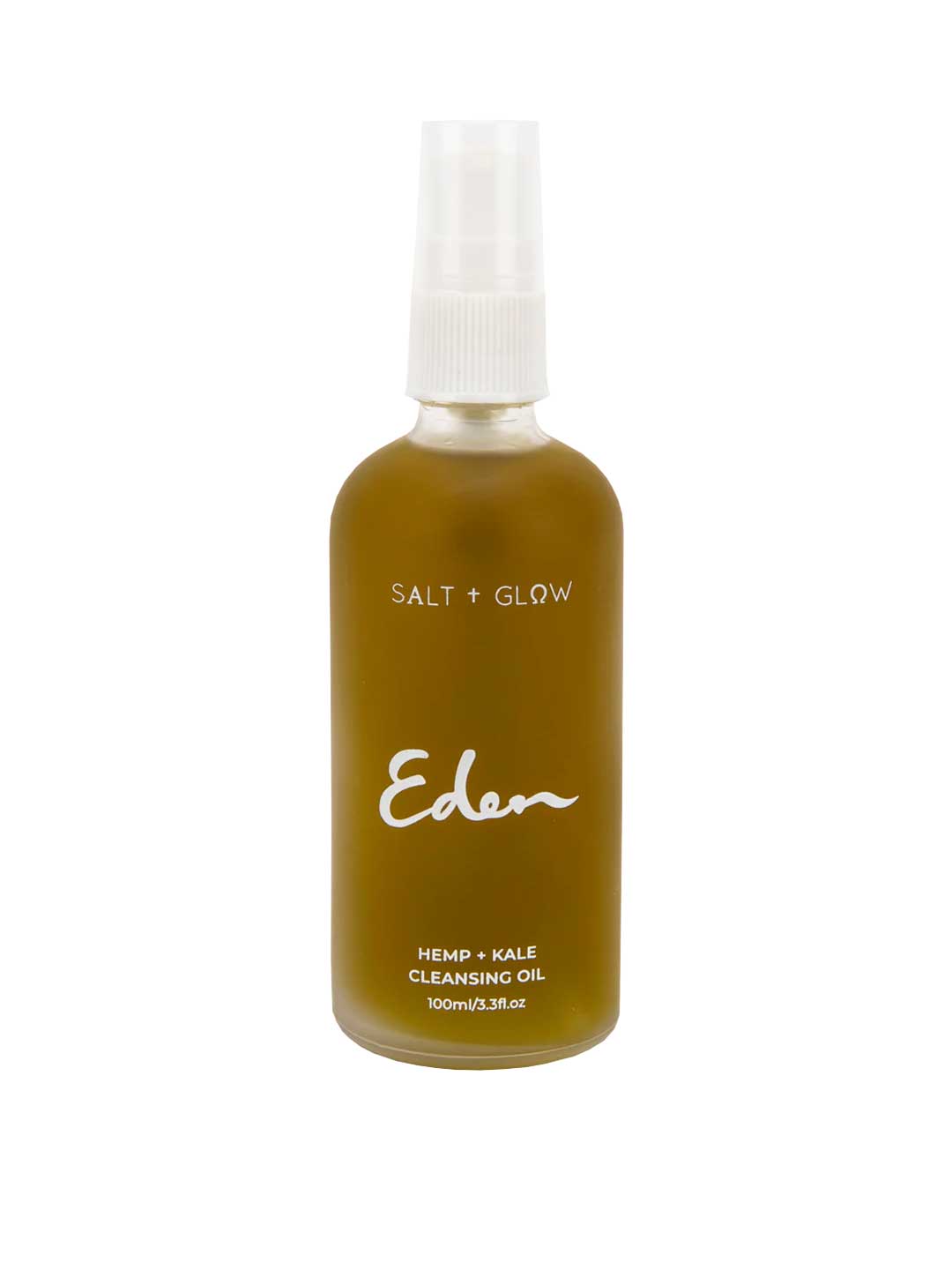 A 100ml clear bottle labeled "Salt + Glow Eden Cleansing Oil" with a white spray cap holds a nourishing hemp and kale blend, serving as an effective makeup remover.