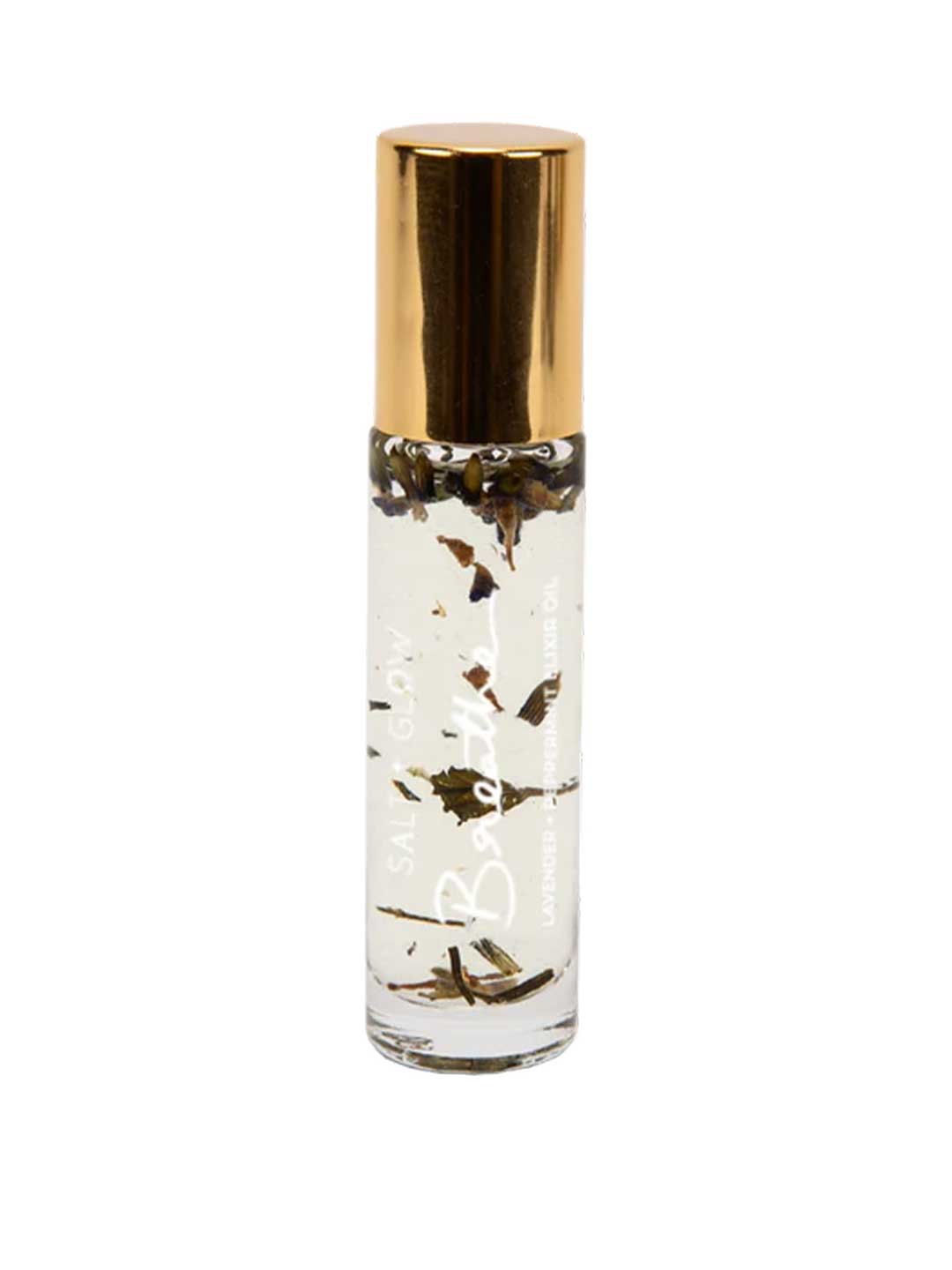 A clear glass Salt + Glow Elixir Roll on Perfume - Breathe (Lavender & Peppermint) 10ml features a gold cap, transparent liquid with botanical pieces, and is handmade in Australia.