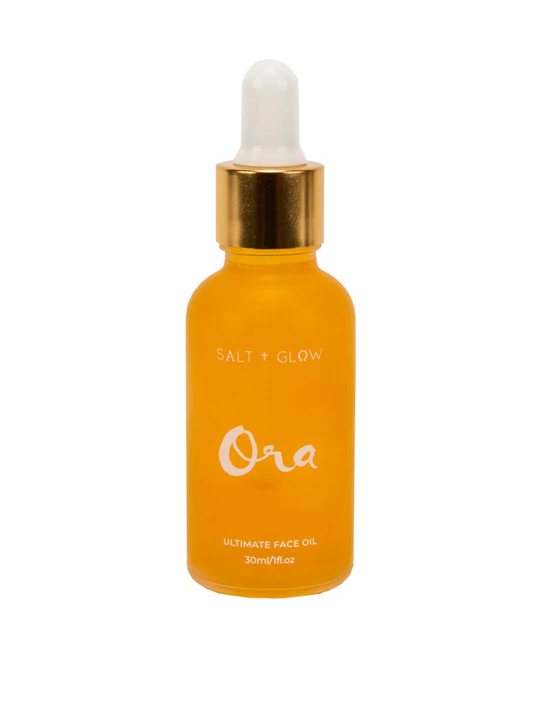 A yellow glass dropper bottle with a gold cap, labeled Salt + Glow Ora Ultimate Facial Oil 30ml—a superfood face oil for radiant, healthy skin.