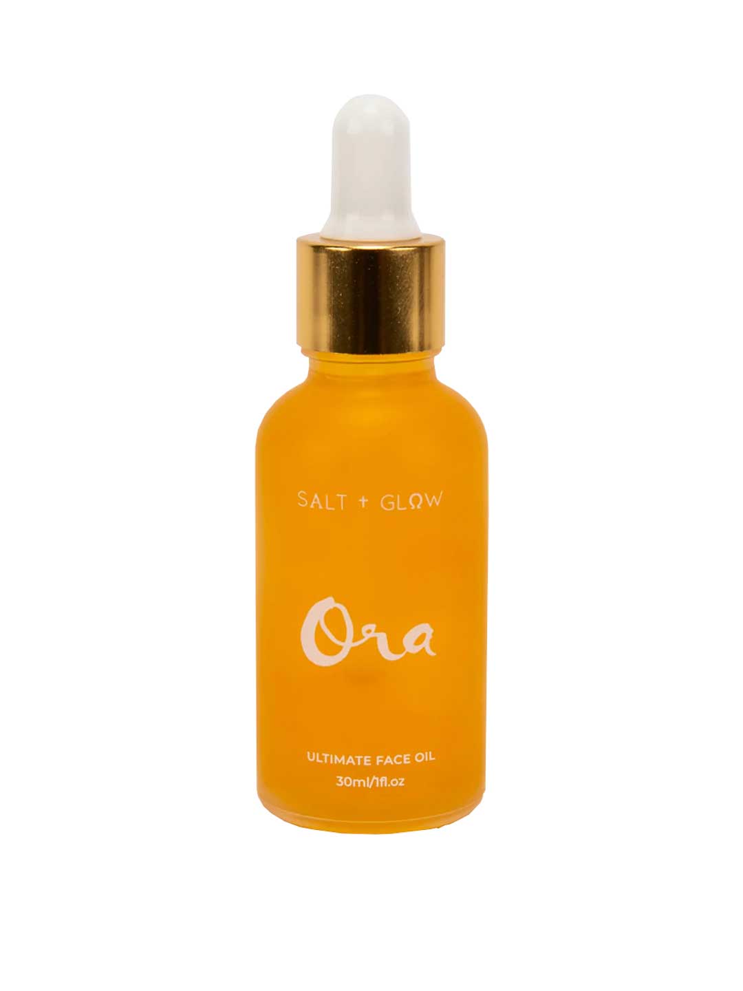 A yellow glass dropper bottle with a gold cap, labeled Salt + Glow Ora Ultimate Facial Oil 30ml—a superfood face oil for radiant, healthy skin.