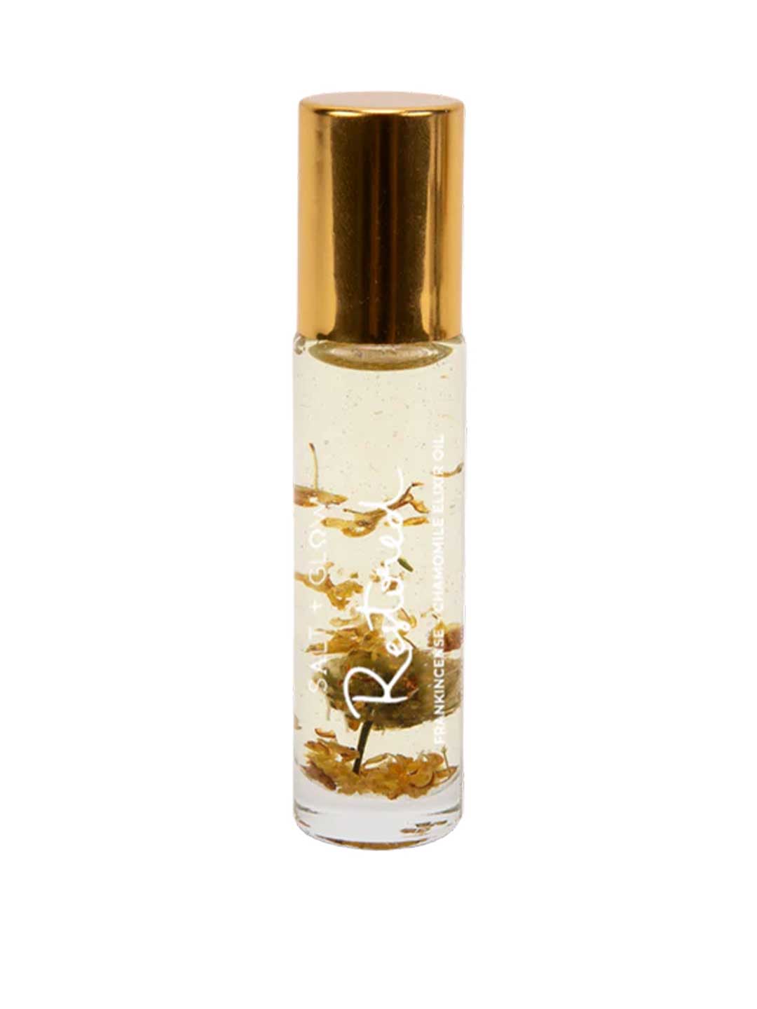Salt + Glow Elixir Roll on Perfume - Restored (Frankincense & Chamomile) 10ml is a handmade vegan fragrance in a small clear bottle with gold flakes. Relaxing aromatherapy benefits come from soothing frankincense and chamomile oils.