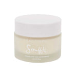 A frosted glass jar with a white lid labeled Salt + Glow Skin Souffle Facial Moisturiser for normal to dry skin, enriched with Australian botanicals like kakadu plum, 50ml/1.7 fl.oz.